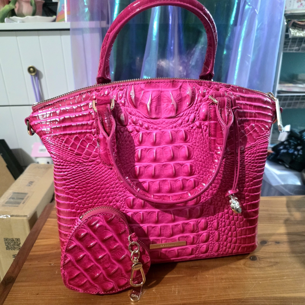 Brahmin Fuchsia Crocodile-Embossed Satchel